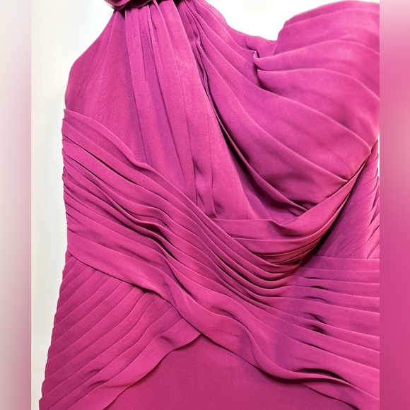 David’s Bridal chiffon bridesmaid dress 3D floral one shoulder wine color - 4 - Picture 4 of 10